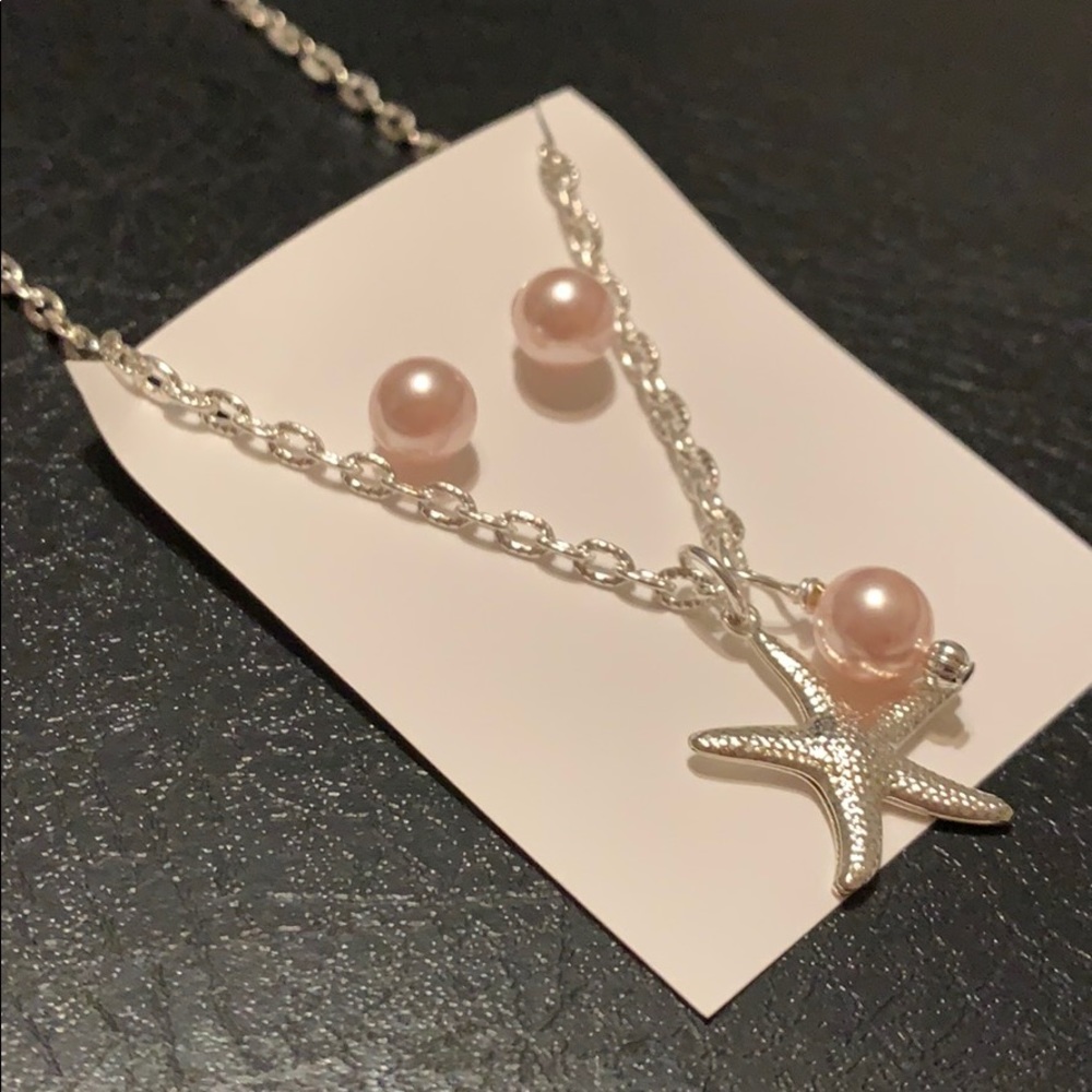 Pink pearl earrings with starfish necklace set !
